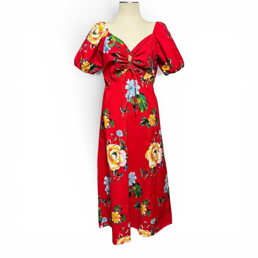NAOO Cotton Short Sleeve Tropical Midi Dress Red Floral XL